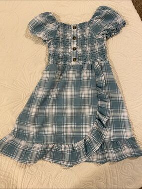 wonder nation Blue and White Plaid Smocked Puff-Sleeve Dress